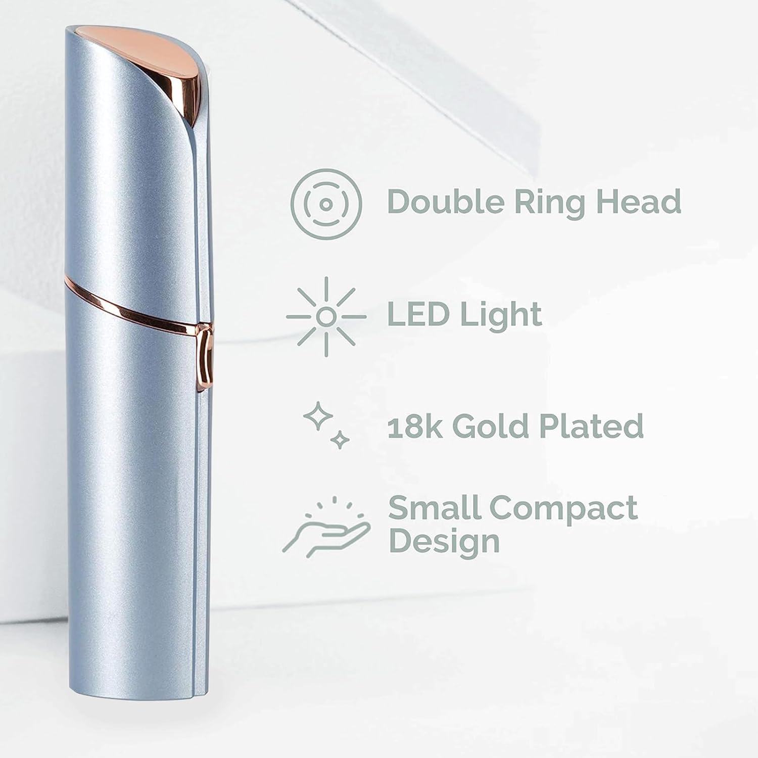 INNOBEAUT facial hair remover with double ring head, LED light, 18k gold plated finish, and small compact design features highlighted beside the product.