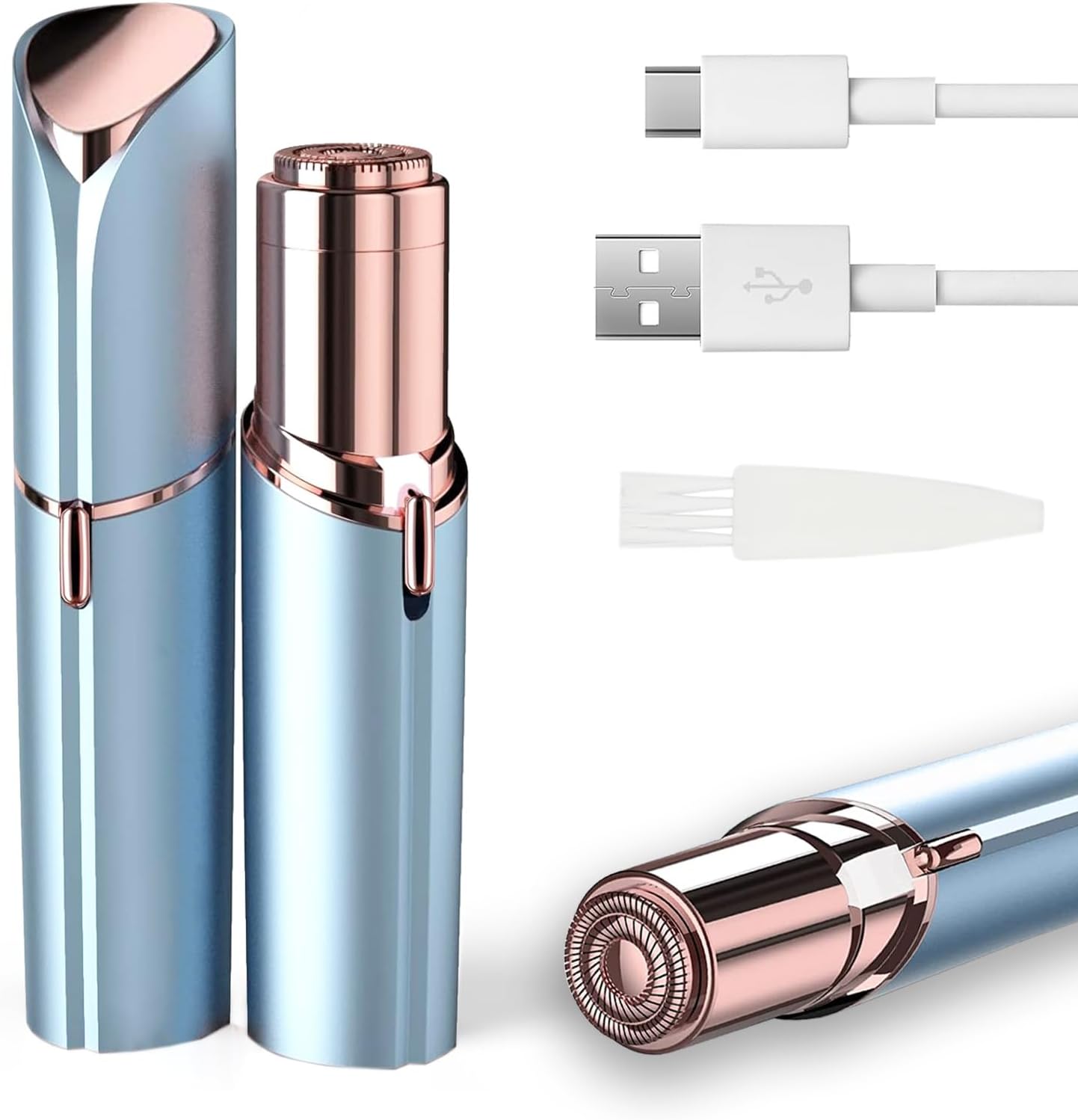INNOBEAUT painless electric facial hair remover in blue with rose gold accents, USB rechargeable with included charging cable and cleaning brush, compact lipstick-style design.