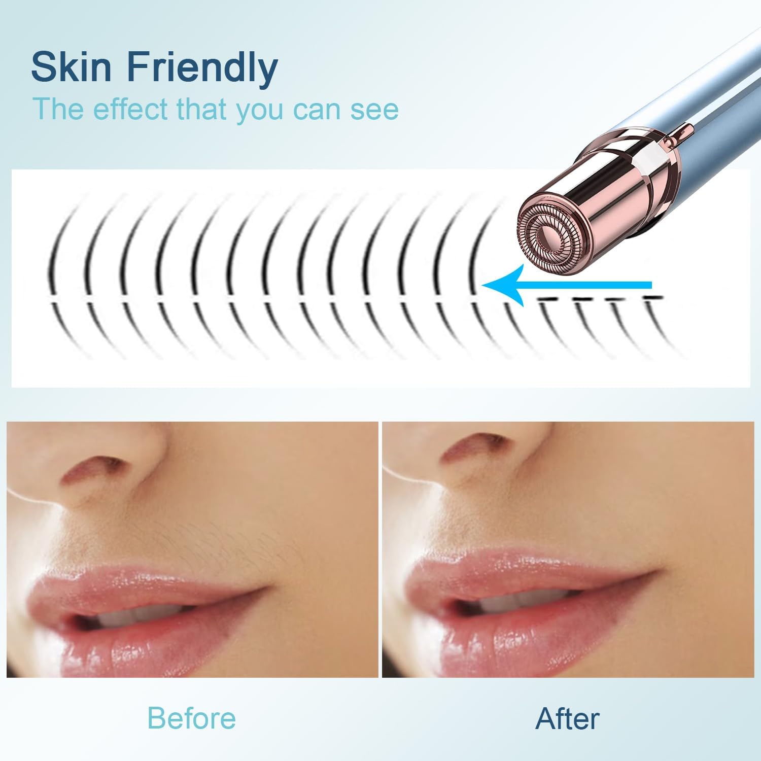 INNOBEAUT facial hair remover demonstrating skin-friendly hair removal effect with before and after results on upper lip.