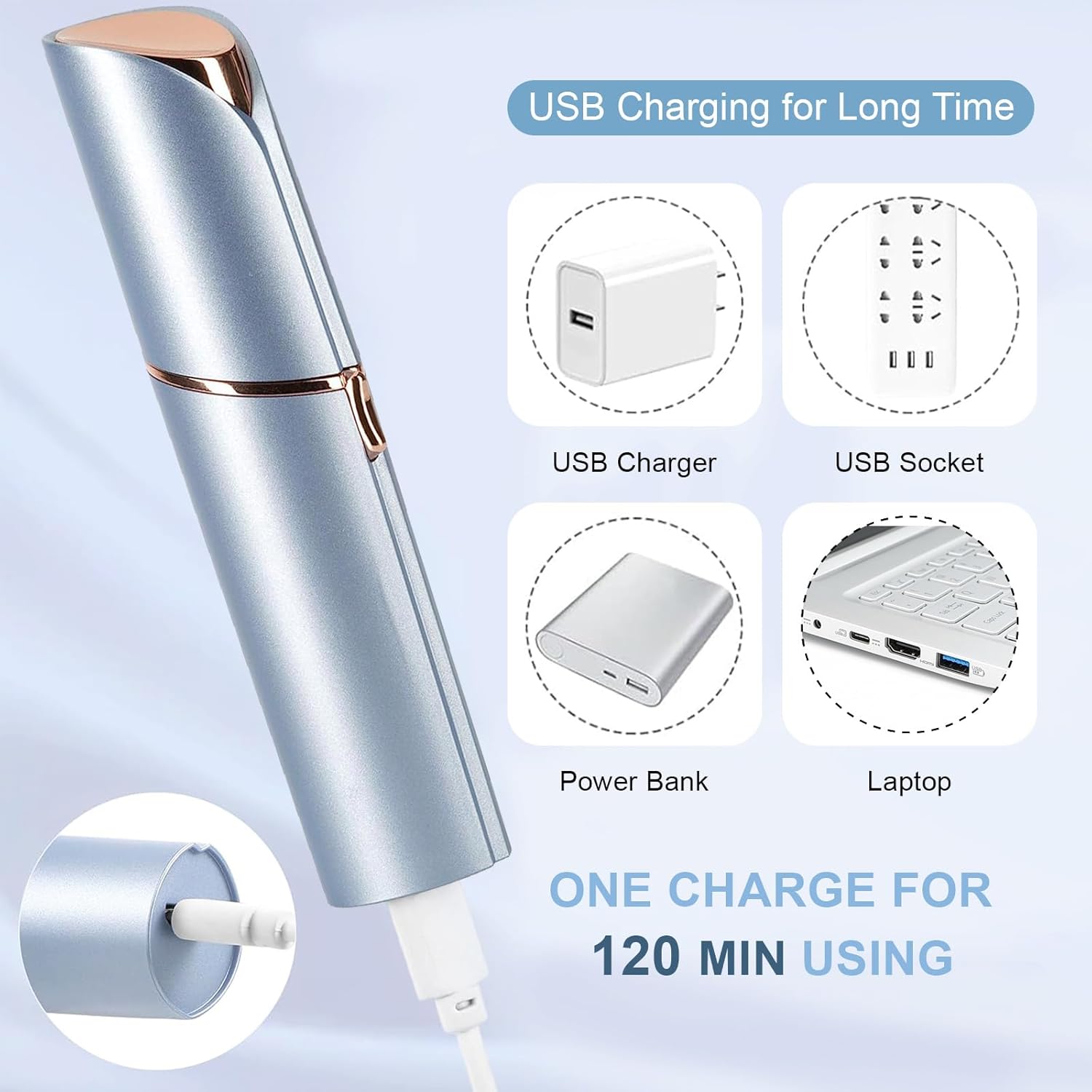 INNOBEAUT facial hair remover being charged via USB, compatible with charger, socket, power bank, and laptop, offering up to 120 minutes of use on a single charge.