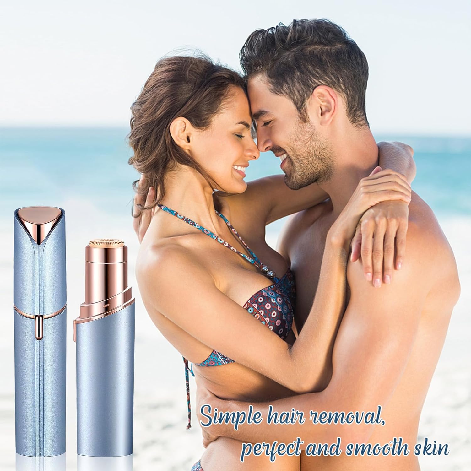 Couple embracing on the beach with INNOBEAUT facial hair remover shown in the foreground, promoting smooth skin and easy hair removal.