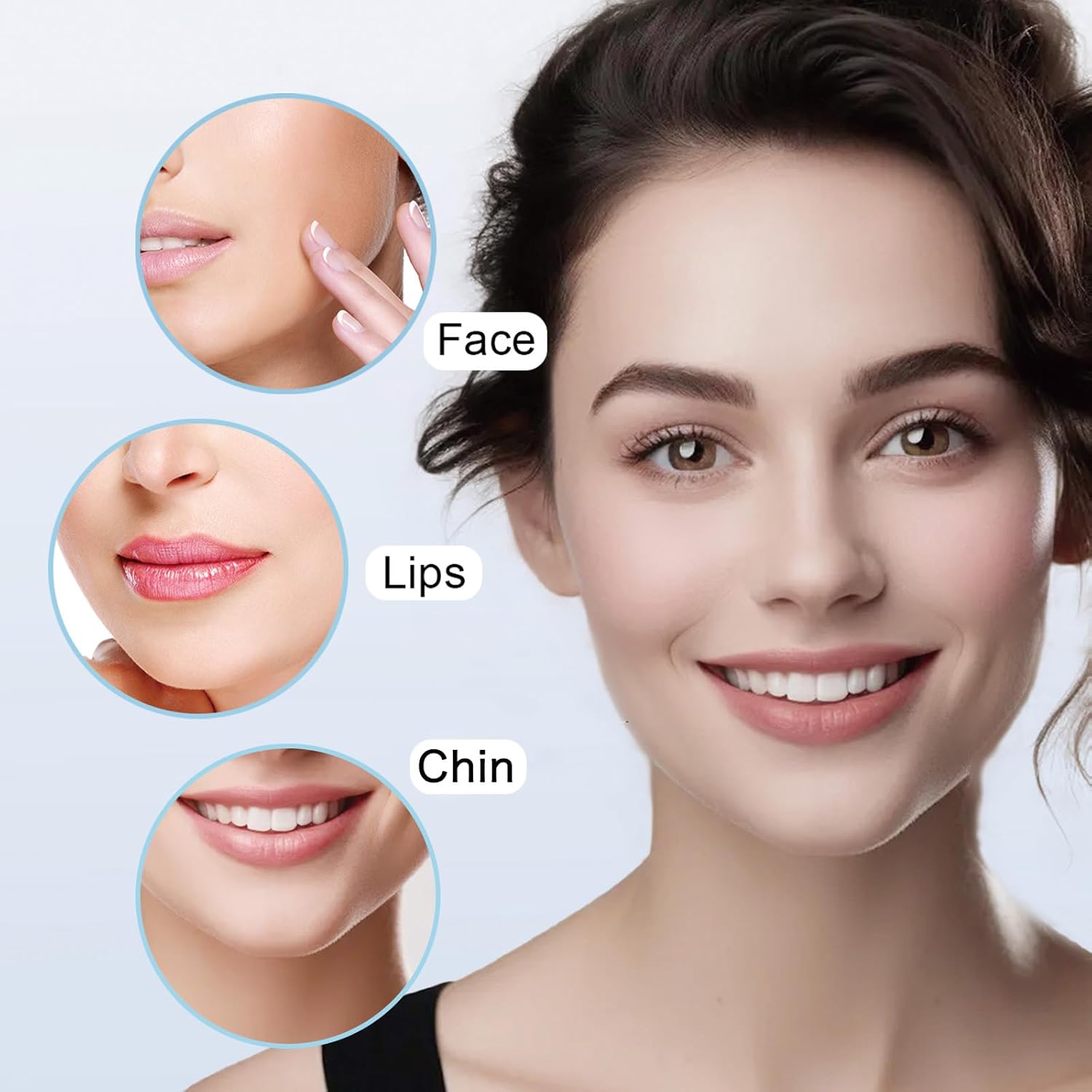 Woman smiling with highlighted areas showing where the INNOBEAUT facial hair remover can be used — face, lips, and chin.