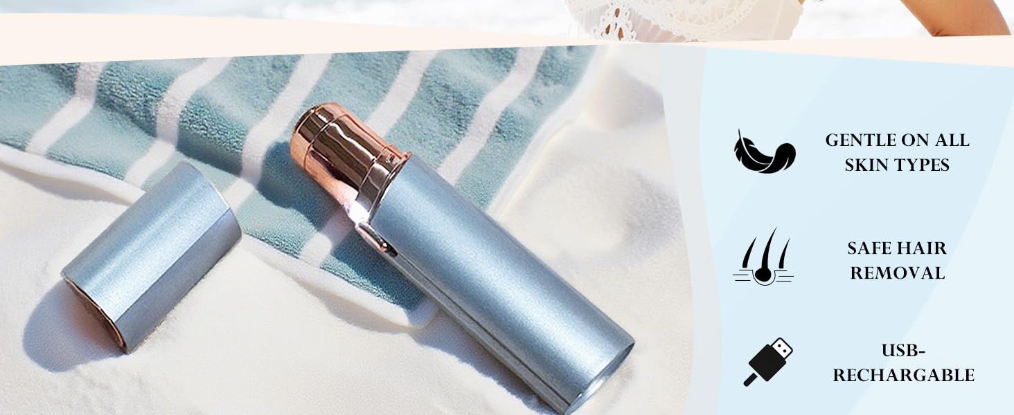 INNOBEAUT facial hair remover shown on a towel, highlighting its key features: gentle on all skin types, safe hair removal, and USB rechargeable design