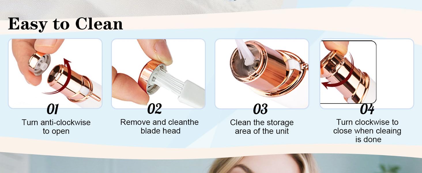 Step-by-step instructions showing how to clean the INNOBEAUT facial hair remover: open, remove blade head, clean storage area, and close