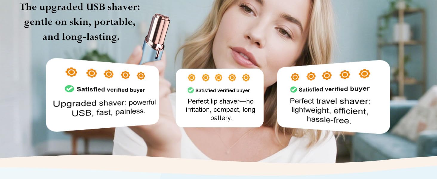 Woman using INNOBEAUT facial hair remover with highlighted customer reviews praising the upgraded USB shaver for being gentle on skin, portable, and long-lasting.