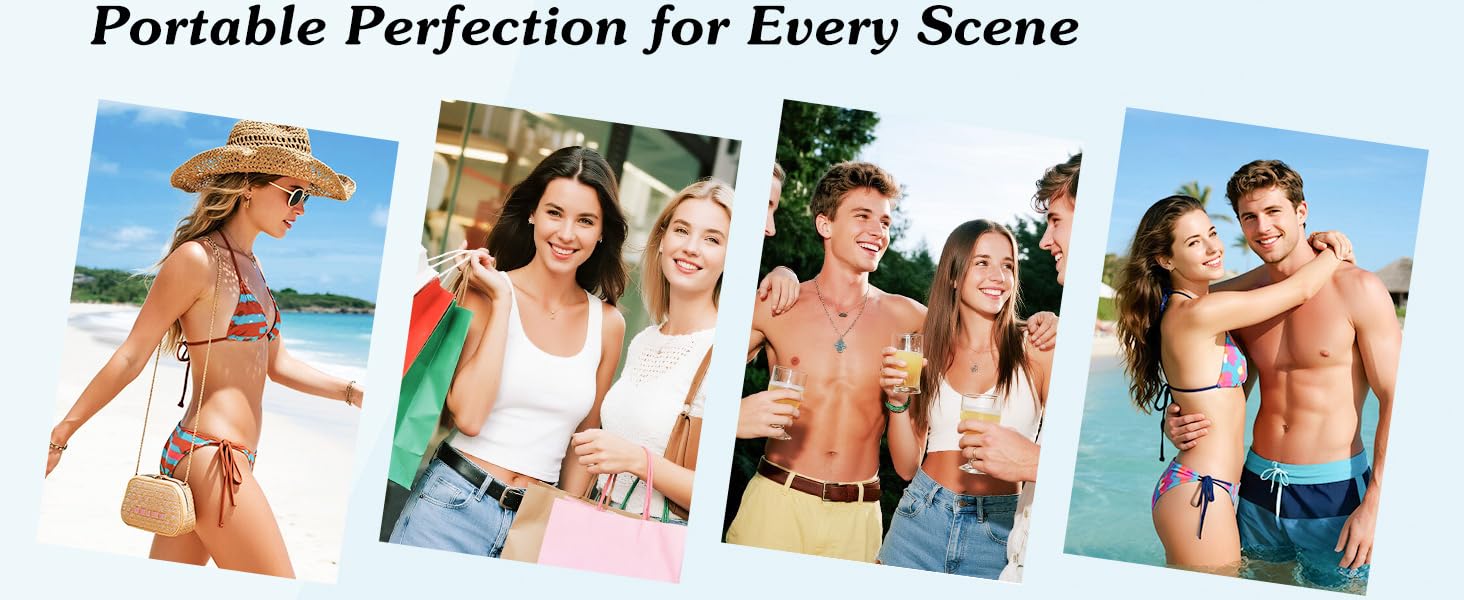 Lifestyle images showing people at the beach, shopping, and socializing, highlighting the portable and versatile use of the INNOBEAUT facial hair remover in any setting